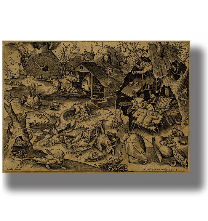 Old engraving showing the allegory of Sloth surrounded by sleeping figures, strange creatures, and bizarre scenes.