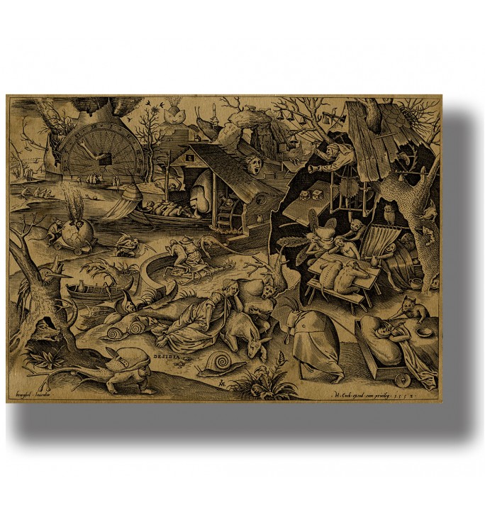 Old engraving showing the allegory of Sloth surrounded by sleeping figures, strange creatures, and bizarre scenes.