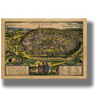 Antique bird’s-eye map of walled Jerusalem with detailed streets, buildings, surrounding hills and figures in the foreground