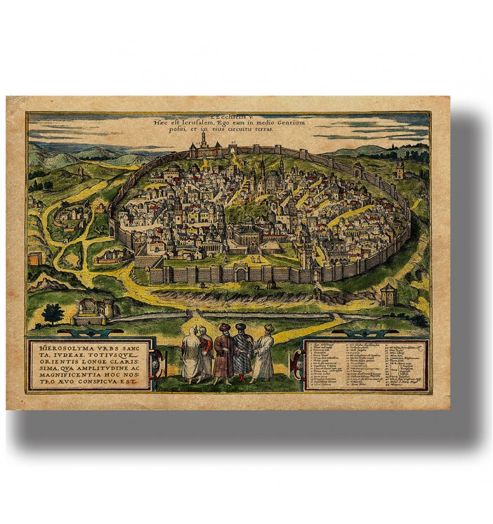 Antique bird’s-eye map of walled Jerusalem with detailed streets, buildings, surrounding hills and figures in the foreground