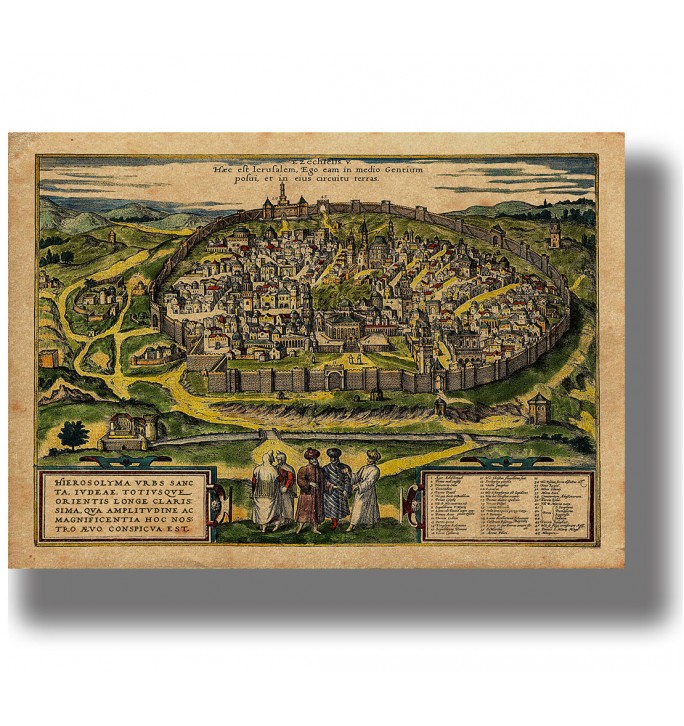 Antique bird’s-eye map of walled Jerusalem with detailed streets, buildings, surrounding hills and figures in the foreground