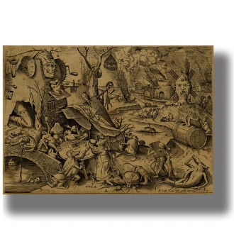 Old engraving showing the allegory of Gluttony surrounded by demons, strange creatures, food, and drinking scenes.