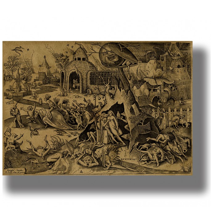 Old engraving showing the allegory of Lust surrounded by demons, monsters, and strange creatures.