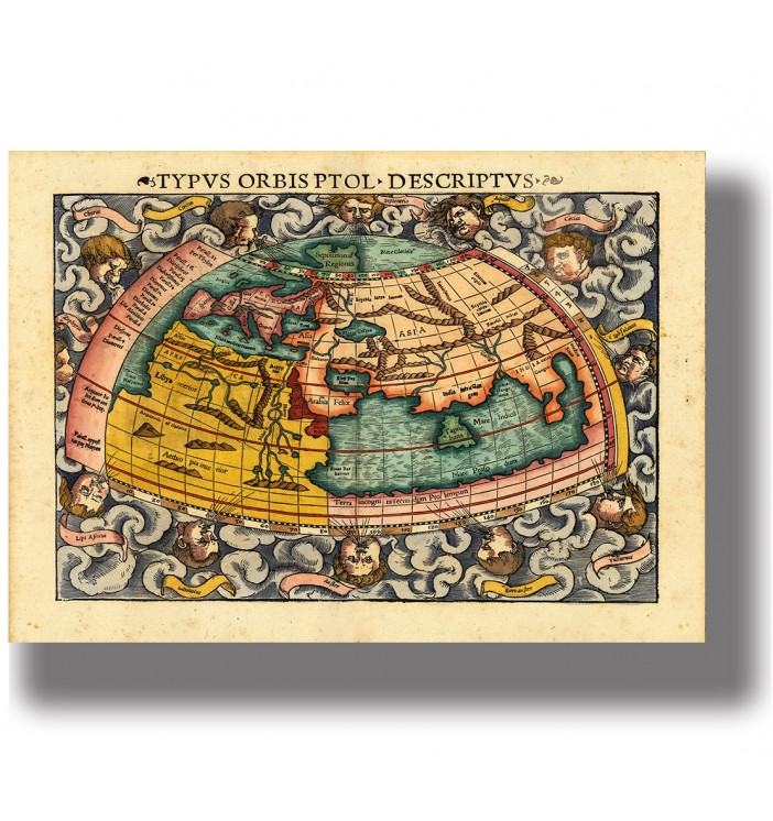 Antique world map in Ptolemaic style with ornate cartographic detail and decorative celestial elements