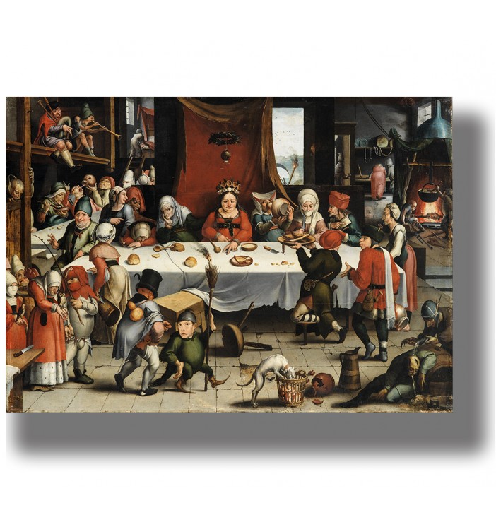 Crowded Renaissance banquet scene with bizarre characters around a long table in a dark interior with a fireplace.