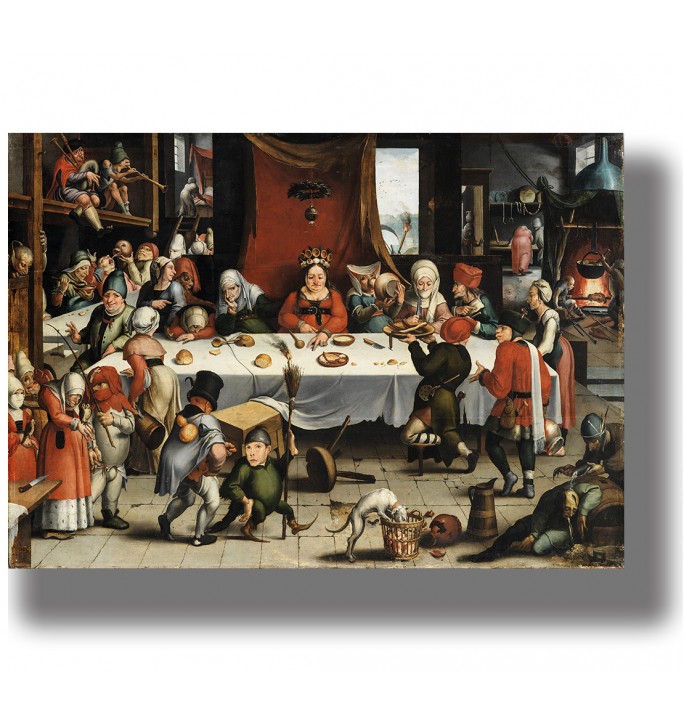 Crowded Renaissance banquet scene with bizarre characters around a long table in a dark interior with a fireplace.