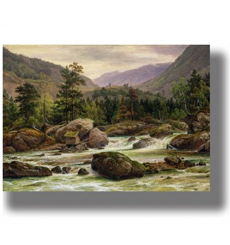 Painting of a mountain river with rocks and a small waterfall, surrounded by trees and Norwegian mountains in soft light.