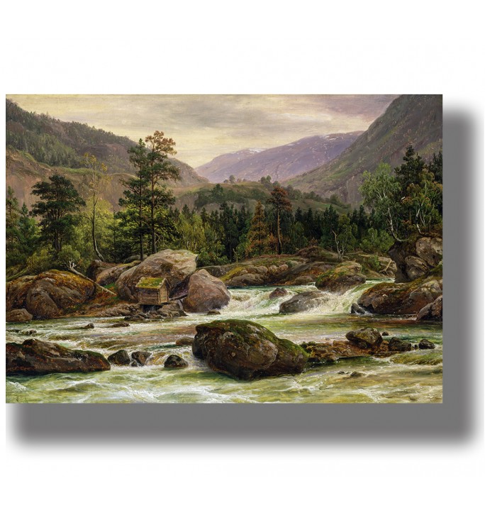 Painting of a mountain river with rocks and a small waterfall, surrounded by trees and Norwegian mountains in soft light.
