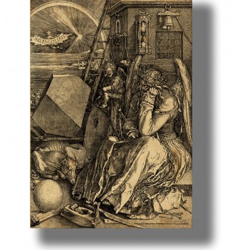 Albrecht Dürer engraving showing a winged woman surrounded by a magic square, hourglass, scales, tools, and geometric objects.