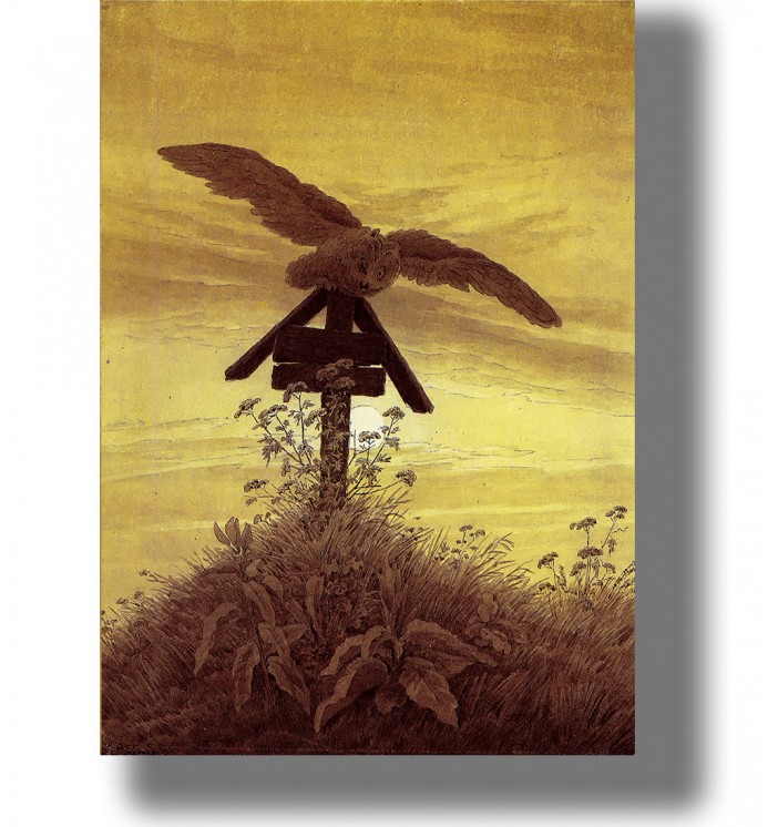 Old drawing of an owl with spread wings perched on a wooden grave cross among wild plants.