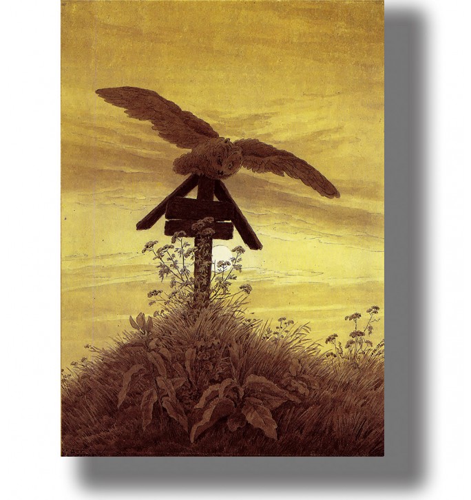 Old drawing of an owl with spread wings perched on a wooden grave cross among wild plants.