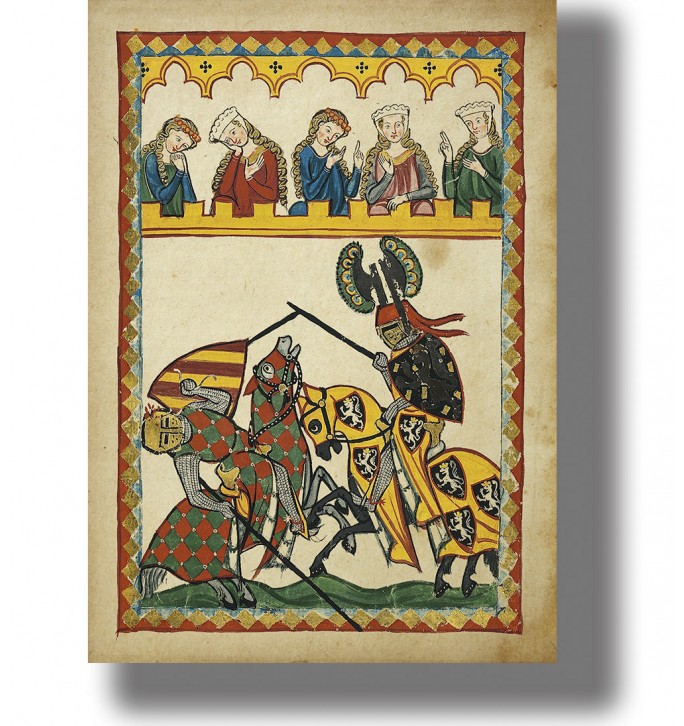 Medieval illuminated manuscript jousting scene with two knights on horseback and spectators above