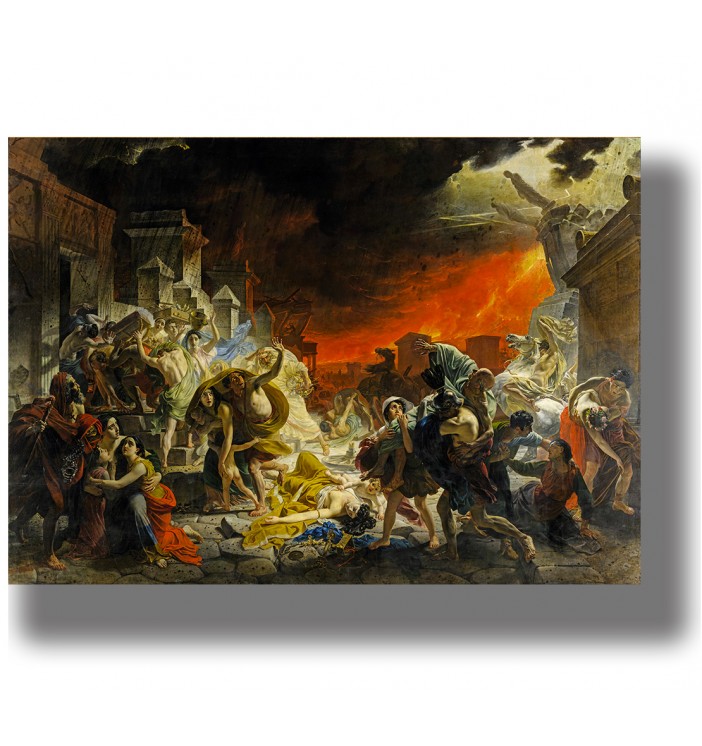 Dramatic classical painting of Pompeii during the eruption of Mount Vesuvius with people fleeing the city.