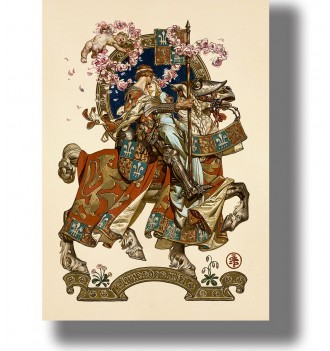 Vintage illustration showing an armored knight on horseback embracing a woman surrounded by flowers.