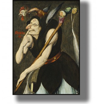 Old painting showing a grotesque jester with a rooster on his cap and a staff.