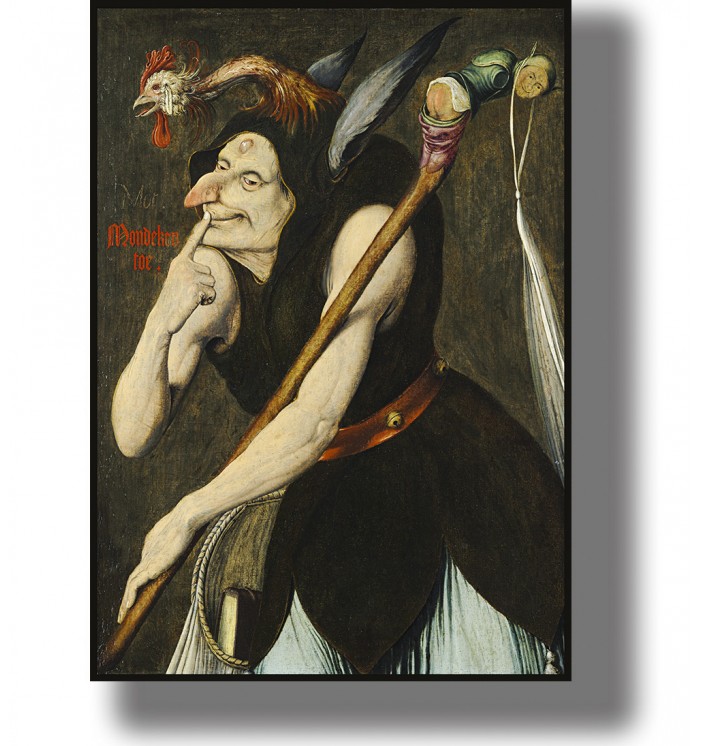 Old painting showing a grotesque jester with a rooster on his cap and a staff.