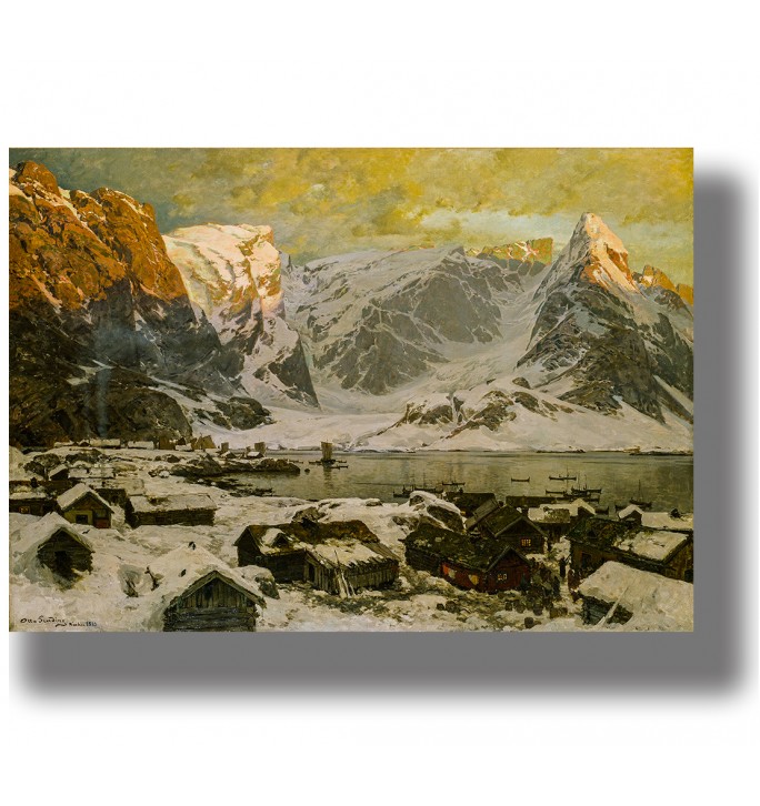 Snowy Lofoten fjord village with boats and cabins, surrounded by tall winter mountains under a soft golden sunset sky.