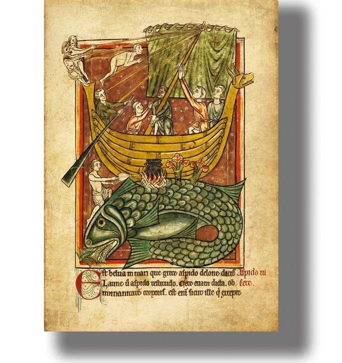 Medieval illustration of sailors mistaking a whale for an island