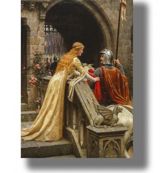 Pre-Raphaelite medieval painting of a lady and knight at a castle gate by Edmund Leighton.