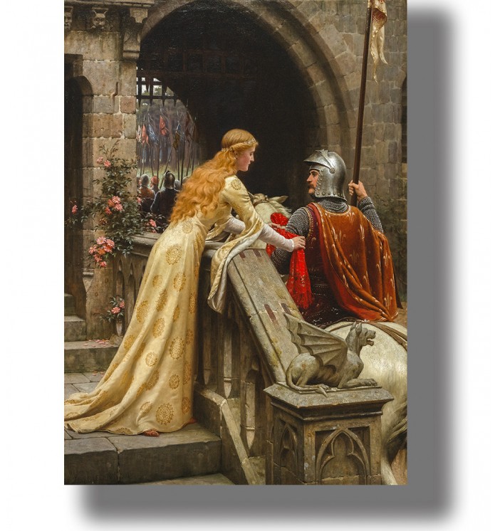 Pre-Raphaelite medieval painting of a lady and knight at a castle gate by Edmund Leighton.
