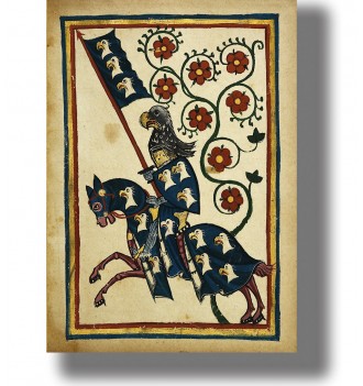 Medieval Codex Manesse illustration of a knight on horseback , holding a lance and banner, with red flowers in the background.
