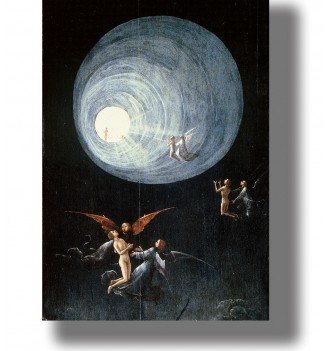 Angels and souls rise through a glowing circular tunnel of light in a dark sky, in a mystical Bosch-style painting.