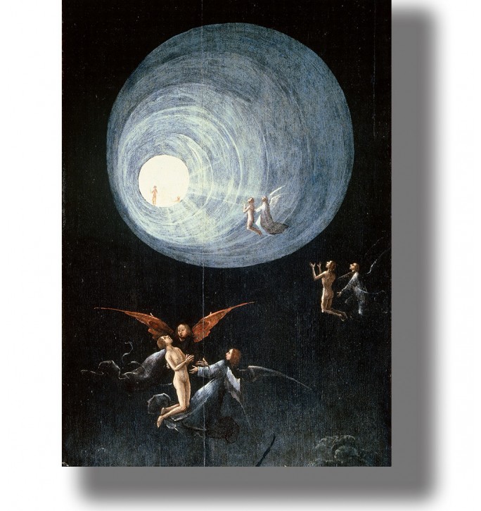 Angels and souls rise through a glowing circular tunnel of light in a dark sky, in a mystical Bosch-style painting.