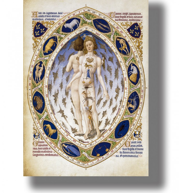 Medieval zodiac illustration with a man and woman in the center, surrounded by zodiac signs in an ornate manuscript-style frame.