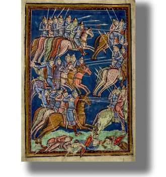 Historical manuscript-style battle scene with mounted warriors, spears, and shields on a blue background