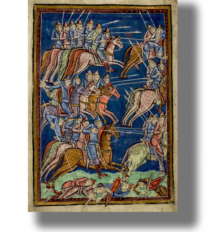 Battle of Knights on Horses. Saxons, Jutes, and Angles attack fleeing Britons.