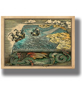 Vintage-style illustration of a ship sailing to the edge of the world, with a green dragon below and a blowing face in the sky.