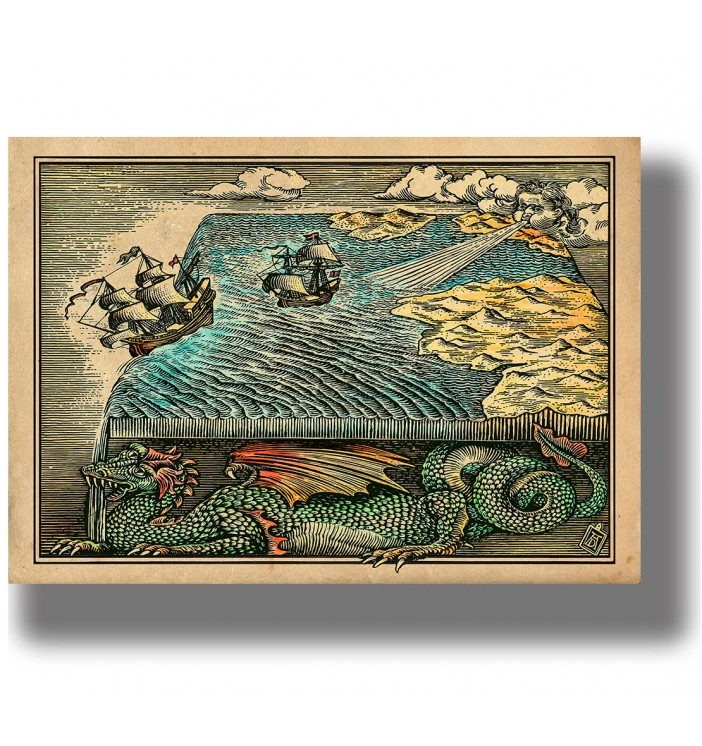Vintage-style illustration of a ship sailing to the edge of the world, with a green dragon below and a blowing face in the sky.