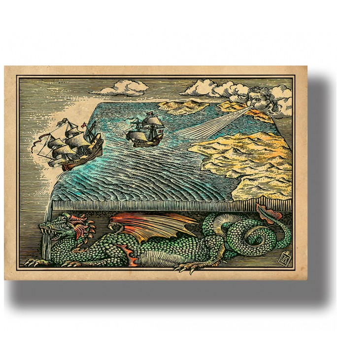 Vintage-style illustration of a ship sailing to the edge of the world, with a green dragon below and a blowing face in the sky.
