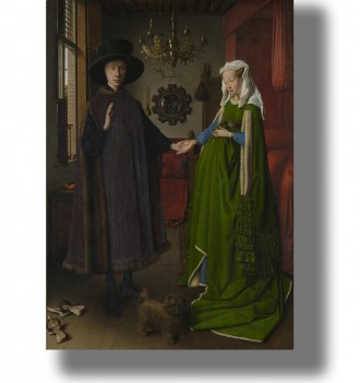 Jan van Eyck painting showing a richly dressed couple holding hands in a bedroom with a small dog.