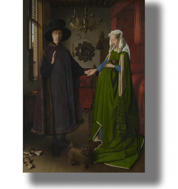 Jan van Eyck painting showing a richly dressed couple holding hands in a bedroom with a small dog.