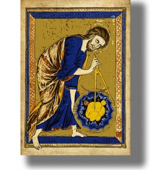 Medieval manuscript illustration showing God creating the universe with a compass.