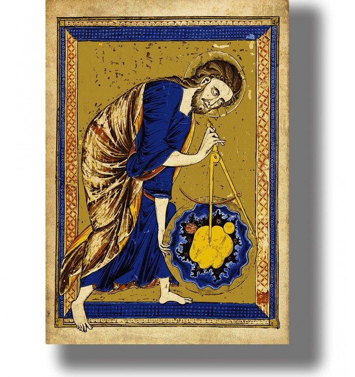Medieval manuscript illustration showing God creating the universe with a compass.