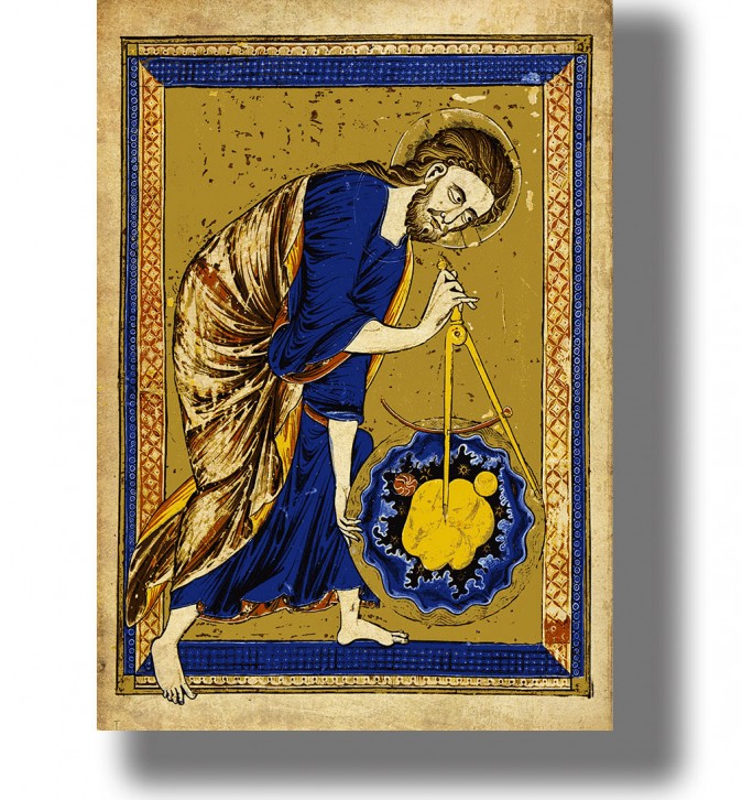 Medieval manuscript illustration showing God creating the universe with a compass.