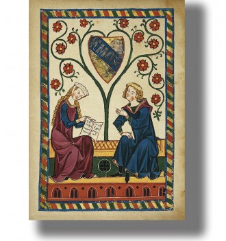 Medieval manuscript illustration of a knight and a maiden seated under a flowering tree with a heart-shaped “AMOR” shield.