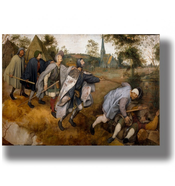 Pieter Bruegel painting showing six blind men walking in a line as the first men fall into a ditch.
