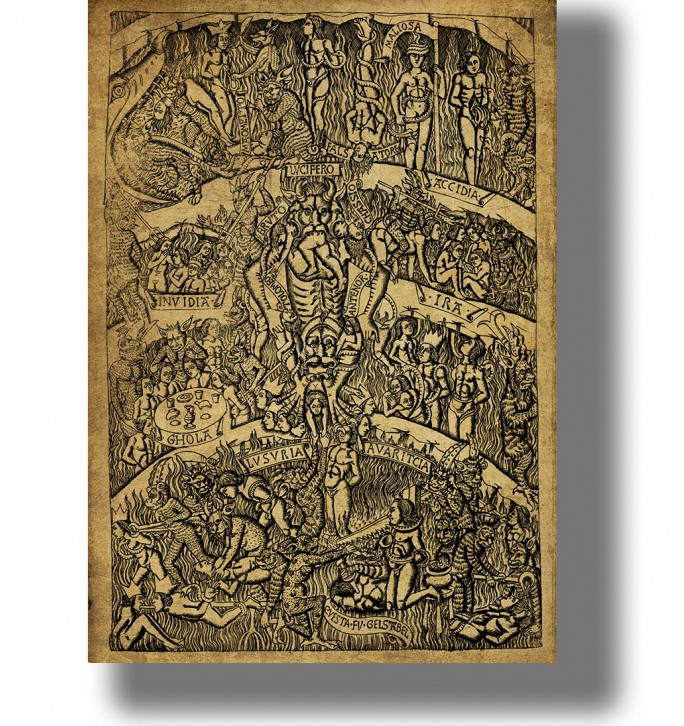 Medieval illustration print showing Dante’s Inferno with Lucifer and the circles of Hell.
