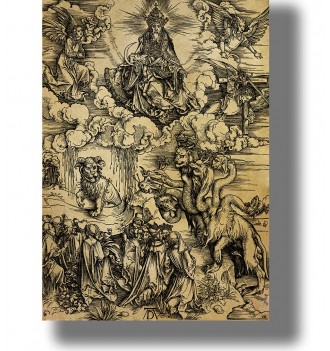 Albrecht Dürer woodcut showing a seven-headed beast, a lamb-horned beast, angels, and kneeling worshippers.