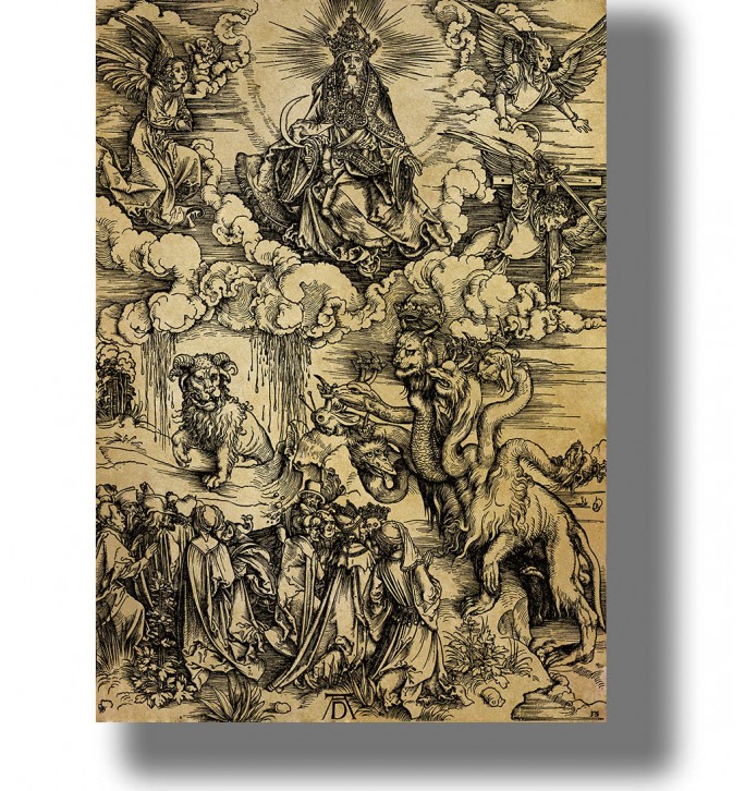 Albrecht Dürer woodcut showing a seven-headed beast, a lamb-horned beast, angels, and kneeling worshippers.