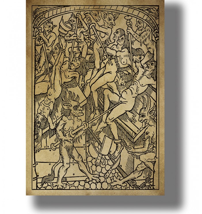 Old woodcut of demons tormenting naked sinners in hell in a crowded infernal scene.