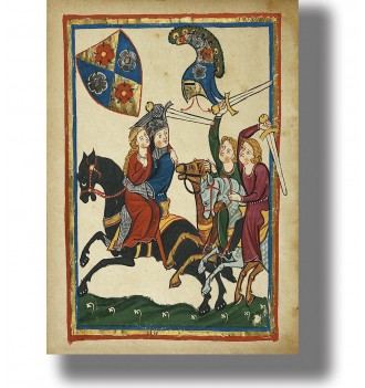 Medieval manuscript illustration of lovers riding horseback while armed figures follow behind.