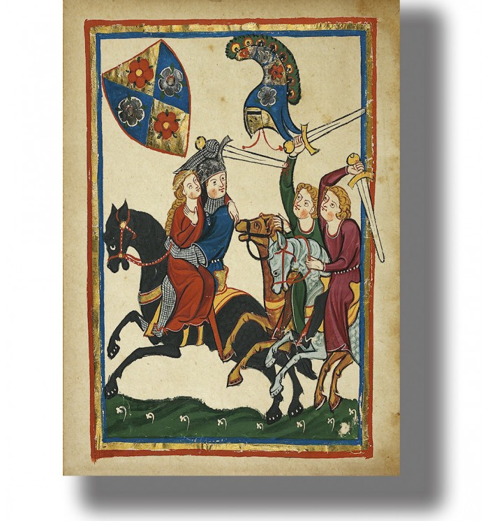 Lovers and their pursuers from a medieval manuscript Codex Manesse.