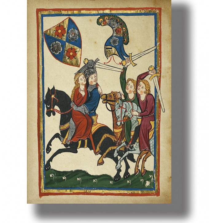 Medieval manuscript illustration of lovers riding horseback while armed figures follow behind.