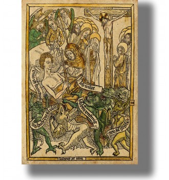 Medieval woodcut showing angels and demons around a dying man as they struggle for his soul.