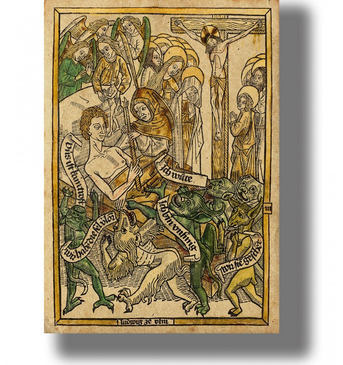 Medieval woodcut showing angels and demons around a dying man as they struggle for his soul.