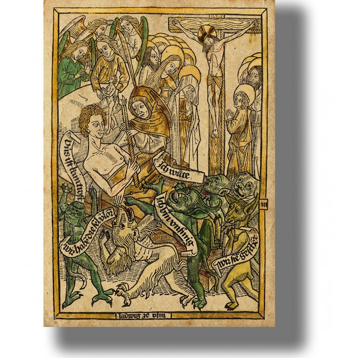 Medieval woodcut showing angels and demons around a dying man as they struggle for his soul.